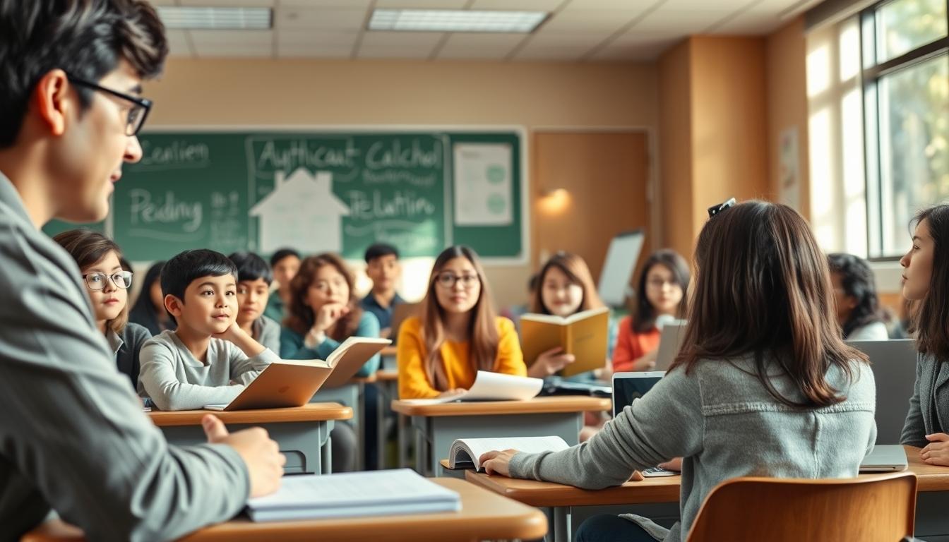 Students studying together in modern classroom